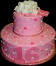 Pearls and Bow 16th Birthday cake,  Pink buttercream iced, 2 round tiers decorated with pink and white pearls and dots, topped with a gorgeous white bow and a pink gift tag. Everything on this cake is EDIBLE.   (Serves 28-55 party slices)