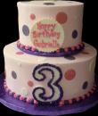 Polka Dots 3rd Birthday Cake. Pink buttercream iced, round 2 tiers decorated with dots and circles. Everything on this cake is edible. (Serves 28-55 party slices.) 