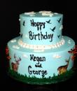 Hunter's Delight Birthday Cake,  Blue Buttercream iced, 2 round tiers decorated with deer and geese in their natural habitat.  Everything on this cake is EDIBLE. (Serves 28-55 party slices)