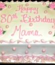 Pink Pearls and Roses 80th Birthday cake,  White buttercream iced,  sheet cake decorated with roses, pearls, and swirls.    Everything on this cake is EDIBLE.  (Serves 24-98 party slices)