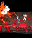 Star Wars Mustafar Birthday Cake,  Red buttercream iced,  sheet decorated as the fiery volcanic planet Mustafar.  R2D2 and Yoda watch a battle between Obi-Wan and Darth Vader  Everything on this cake is EDIBLE.  (Plastic character figurines were provided by client). (Serves 24-98 party slices)
