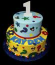 Mickey Mouse 1st Birthday Cake,  Yellow and blue buttercream iced, 2 round tiers decorated with mickey mouse, dots, stars, question marks, gears and gumballs.  Everything on this cake is EDIBLE.  (Serves 28-55 party slices)