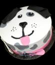 Puppy Dog Birthday Cake,  White buttercream iced, round decorated with a sweet puppy dog face, complete with collar and dog tag. Everything on this cake is EDIBLE.   (Serves 8-80 party slices)