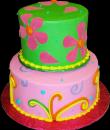 Daisy Birthday Cake. Green and pink buttercream iced, round 2 tiers decorated with daisies, dots and swirls. Everything on this cake is edible. (Serves 28-55 party slices.) 