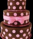 Pink Dots Birthday Cake. Chocolate buttercream iced. Round, 3 tier, decorated with dots, and a bow. Everything on this cake is edible.  (Serves 48-135 party slices)