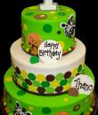 Jungle Dots 1st Birthday Cake. Green and white buttercream iced, round 3 tiers decorated with zebra faces, lion faces, dots. Everything on this cake is edible. (Serves 48-135 party slices.) 