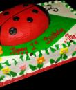 Ladybug and Flowers 1st Birthday Cake.  White buttercream iced, sheet cake decorated with flowers and ladybugs. A ladybug shaped cake tops this cake off. Everything on this cake is edible. (Serves 24-98 party slices.) 