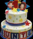 You're a Star 1st Birthday cake,  White buttercream iced, 2 round tiers decorated with stars, dots, and alphabet blocks.  2 edible photos of your baby top this cake off. Everything on this cake is EDIBLE.  (Serves 28-55 party slices)
