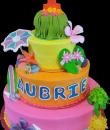 Luau Birthday Cake. Pink, orange and yellow buttercream iced, round 3 tiers decorated with umbrellas, flip flops, Hawaiian flowers, sunglasses, starfish, seashells and topped with a grass skirt. Everything on this cake is edible. (Serves 48-135 party slices.)