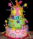 My 1st Birthday Cake. Pink, green and yellow buttercream iced, round, 3 tiers decorated with stars, flowers, glitter, dots, ribbon and topped with a firecracker. Mickey, Minnie and Elmo join in the fun. Everything on this cake is edible. (Plastic character figurines were provided by client) (Serves 48-135 party slices) 
