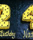 Yellow 24th Birthday Cake,  Yellow buttercream iced, shaped cake decorated with black pearls. Everything on this cake is EDIBLE.  