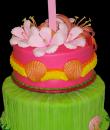 Bikini Skirt Birthday Cake. Green and pink buttercream iced, round 2 tiers decorated with a bikini top of seashells and a grass skirt. Tropical flowers adorn the top of this cake. Everything on this cake is edible. (Serves 28-55 party slices.) 