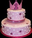Princess 1st Birthday Cake,  Pink buttercream iced, 2 round tiers decorated with hearts, dots, and a crown. Everything on this cake is EDIBLE.  (Serves 28-55 party slices)


