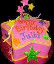 Stars Birthday Cake. Pink buttercream iced, star shaped cake decorated with stars and ribbon. Everything on this cake is edible. 