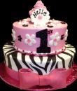 Zebra Bow 1st Birthday Cake. Pink and white buttercream iced, round 2 tiers decorated with zebra stripes, flowers, a bow and topped with a cupcake. Everything on this cake is edible. (Serves 28-55 party slices.) 